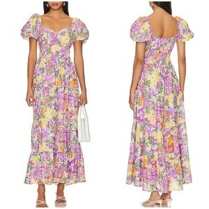 Astr Floral Puff-Sleeve Midi Dress in Pink, Yellow & Green